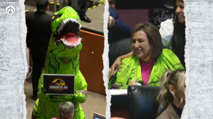 (VIDEO) Xóchitl Gálvez protesta contra Plan B de AMLO ¡con disfraz de dinosaurio!