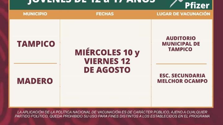 Anuncian en Tampico inicio de aplicación segunda dosis anticovid a niños de 12 a 17 años