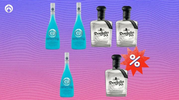 Don Julio 70 de oferta en Bodega Aurrera: 3 botellas de tequila más licor HPNOTIQ para celebrar 