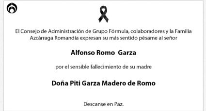 Grupo Fórmula lamenta muerte de Piti Garza Madero de Romo