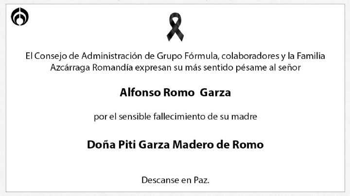 Grupo Fórmula lamenta muerte de Piti Garza Madero de Romo