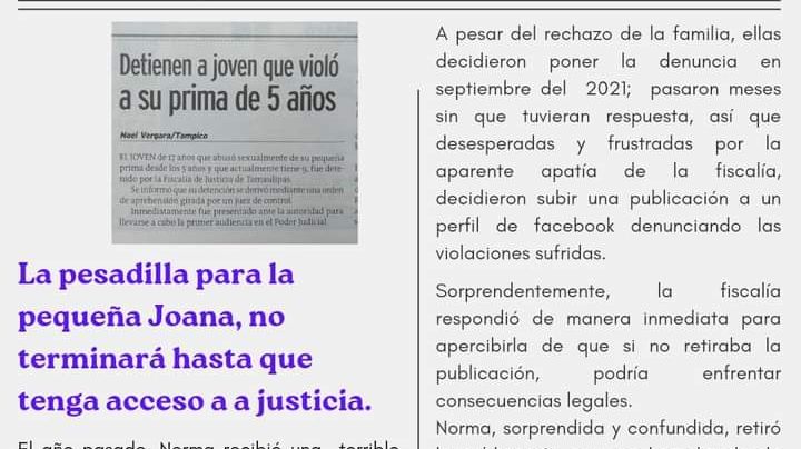 Abuso Sexual Infantil: Piden justicia para Joana, una menor que fue atacada por su propio primo