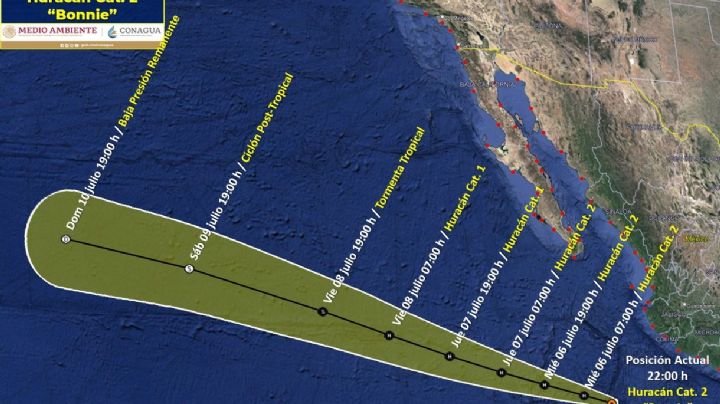 Huracán "Bonnie" se localiza a 840 km de Cabo San Lucas mientras se debilita