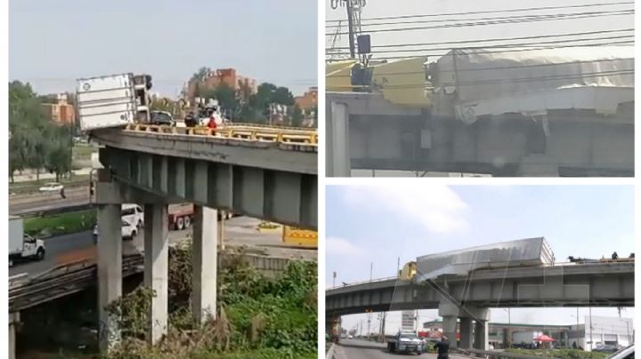 (VIDEO) Tráiler 'pende de un hilo' tras volcar en puente del Circuito Mexiquense