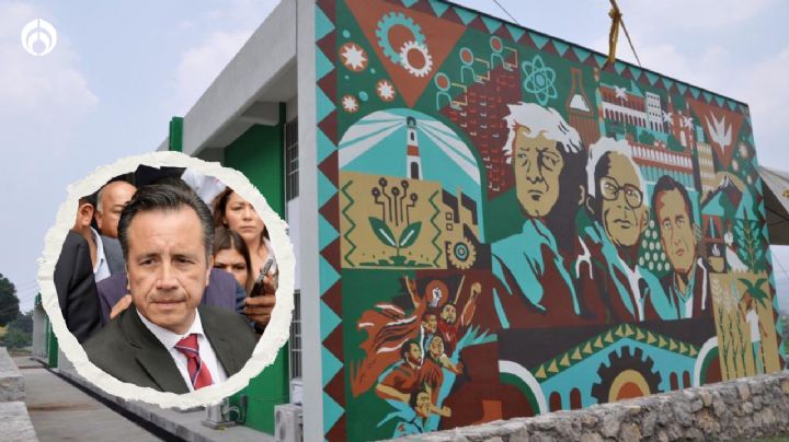 Cuitláhuac García presume sus obras: Devela mural con su 'carita' y con AMLO en Conalep de Veracruz