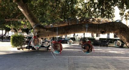 Madres buscadoras colocan esferas con imágenes de desaparecidos frente a Catedral de Hermosillo