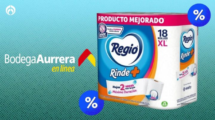 Bodega Aurrera remata paquete de 18 rollos XL de papel de baño Regio Rinde+, extra resistente y suave