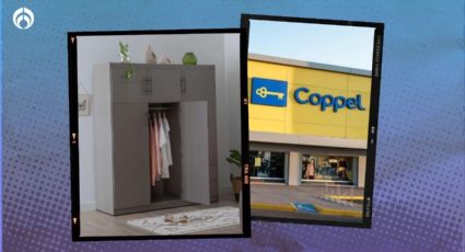 Coppel rebaja closet de madera con 2 cajones, 6 puertas, un tubo para colgar y correderas metálicas