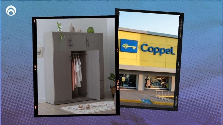 Coppel rebaja closet de madera con 2 cajones, 6 puertas, un tubo para colgar y correderas metálicas