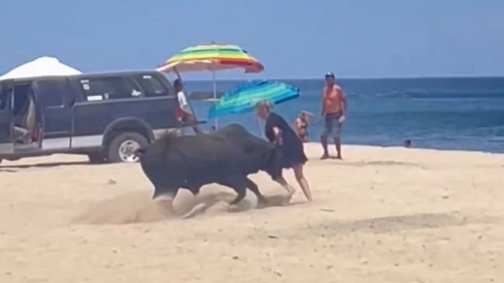 (VIDEO) Toro embiste a una mujer en playa de Los Cabos