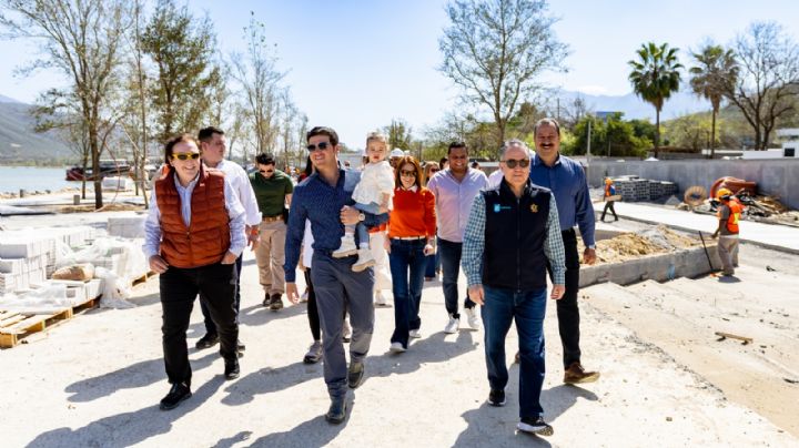 Samuel García supervisa construcción de malecón en la Presa La Boca en NL